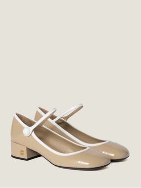 Miu Miu Nude Patent Leather Mary Jane Flats with White Trim
